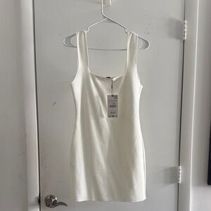 Zara White Ribbed Square-Neck Mini Dress